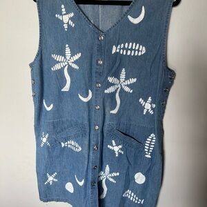 Denim Button-Front Dress with White Tropical Motif